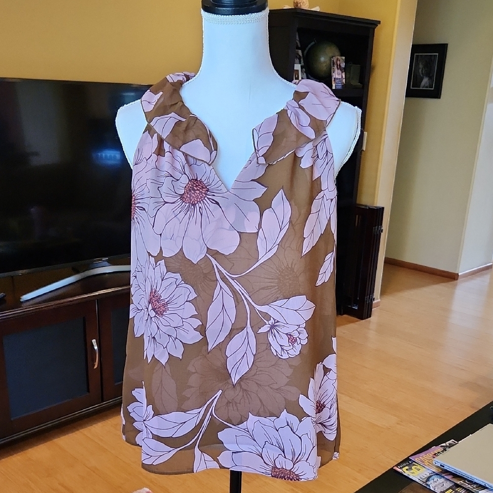 CAbi Hothouse Sleeveless Blouse with Floral Design